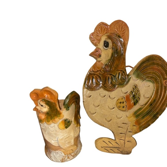 Vintage Stoneware Folk Art Rustic 11 1/2”Hanging Rooster and 7”Utensil Holder - Picture 2 of 14